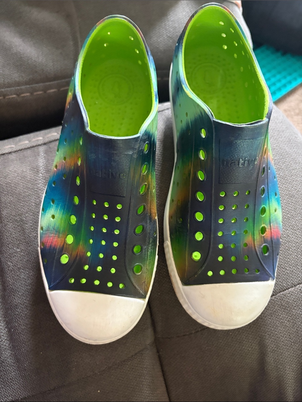 Native Kids Water Shoes in Neon Green and Multicolor Tie-Dye